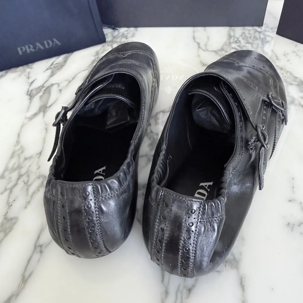 Prada 2EG469‎ Mens Leather Double Monk Strap Wingtip Shoes Grey Black UK 11